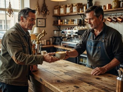 Barista handing a ceramic cup of flat white coffee across a timber counter to a regular guest