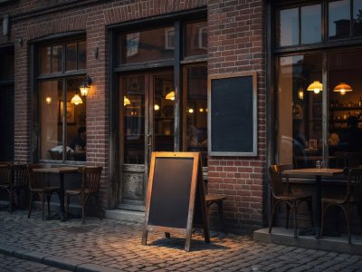 Warmly lit independent bistro storefront at dusk with a wooden A-board sign on the pavement