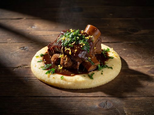 Slow-braised ox cheek glistening on creamy polenta with gremolata on a dark timber table lit from the left