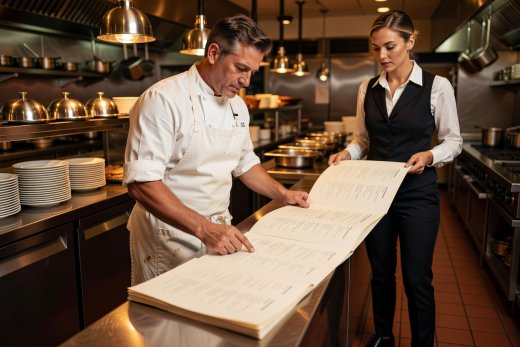 Head chef in apron and floor manager reviewing a printed supper menu under warm pass lamps before opening
