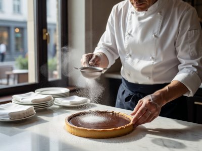 Pastry chef dusting icing sugar over a dark chocolate tart beside a dining room window before lunch service