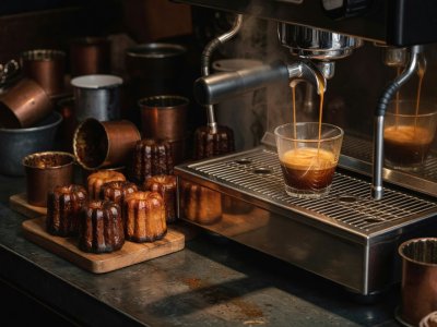 Double espresso extracting next to caramelized copper-mold canelés on a dark zinc café bar