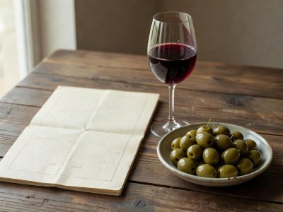 Printed cream paper menu beside a stemmed glass of chilled red wine and a dish of gordal olives