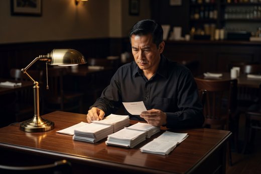 Restaurant manager reviewing printed end-of-night POS tally slips beside a brass desk lamp after closing