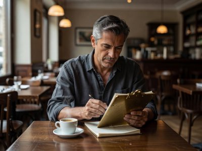 Restaurant owner sitting at a quiet corner table with an espresso and a brass clipboard reviewing weekly menu notes