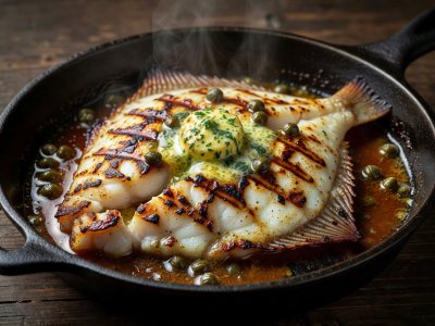 Whole grilled Cornish turbot in a cast-iron pan basted with brown butter and capers